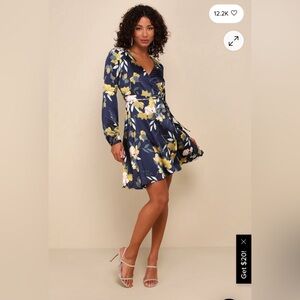 Lulu's Navy Floral Wrap Dress with Yellow & Light Pink Blooms